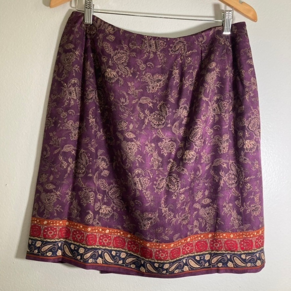 Talbots Womens 14 Pure Silk Pencil Skirt Purple Gold Floral Paisley Knee Length